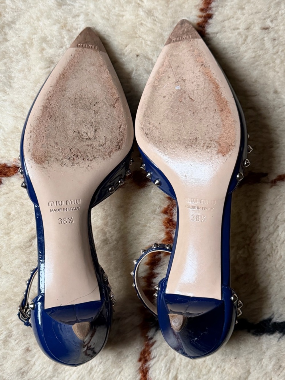 Vintage Miu Miu Blue Patent Leather Kitten Heel Studded Shoe Pump Sandal 38.5 - Picture 6 of 12